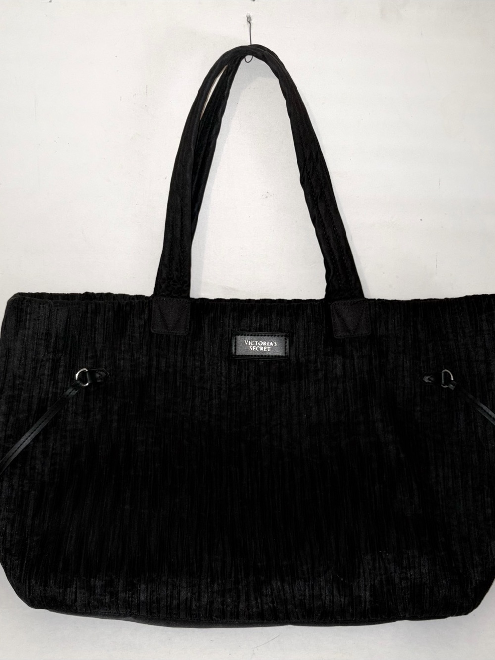Victoria's Secret Black Pleated Satin Cinch Sides Weekender Overnight Tote Bag
